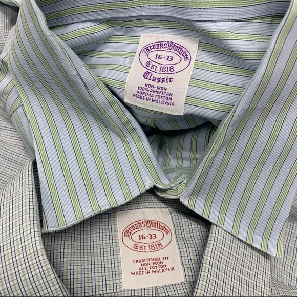 Brooks Brothers Shirt Lot Men 16 Non Iron Blue Stripe Check All Cotton Classic - Picture 1 of 11